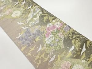 じゅらく製　地紙に花々・鶴・松模様織出し袋帯